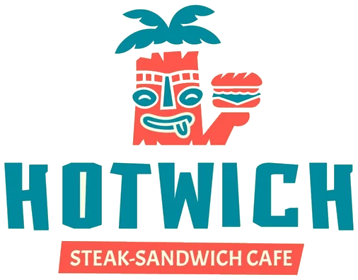 Hotwich-Logo: ein Tiki-Kopf mit Palmwedeln hält ein Sandwich, darunter der Schriftzug Hotwich — Steak-Sandwich Cafe
